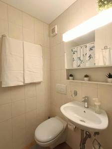 a white bathroom with a toilet and a sink at Casetta vista lago con giardino Gandria in Gandria