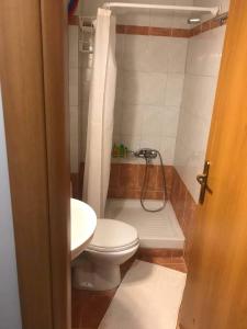 a bathroom with a toilet and a shower and a sink at Apartment ARION 3 in Larisa