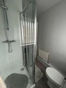 a bathroom with a shower and a toilet at Two bedroom apartment room 18 in Stockton-on-Tees