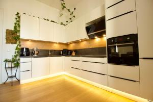 a kitchen with white cabinets and black appliances at Villa Haag in Haag