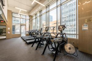 a row of exercise bikes in a gym with windows at Modern Dunfield Ave Condos by GLOBALSTAY in Toronto