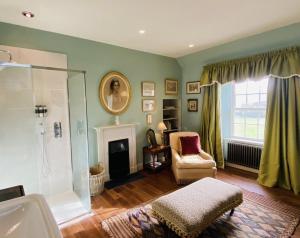 a bathroom with a shower and a chair and a fireplace at Townhead in Peebles