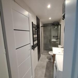 a white bathroom with a shower and a toilet at Apartament Wiktoria in Kluszkowce