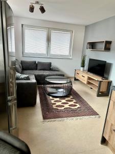 ein Wohnzimmer mit einem Sofa und einem Tisch in der Unterkunft Gäste-Appartement-Kirsammer in Eningen unter Achalm