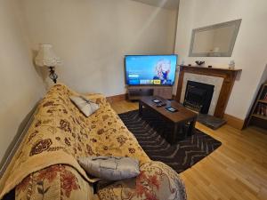 a living room with a bed and a tv at Cois Chnoic in Dingle