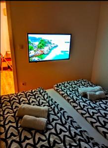 a bedroom with a flat screen tv on the wall at Petrovaradin 11 in Petrovaradin