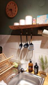 un lavello con utensili da cucina su uno scaffale sopra di esso di Gemütliches Studio-Apartment in Ostseenähe - Cosy Wulfi a Probsteierhagen