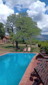 a swimming pool with two chairs and a tree at Apart Mirador del lago- Solo para adultos in Las Rabonas
