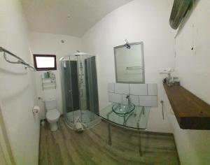 a bathroom with a glass shower and a toilet at Studio à la campagne in Villanova +18 photos