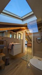 een badkamer met een douche, een wastafel en een toilet bij Charming Barolo Wine Loft in Monforte dʼAlba