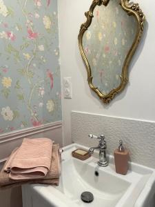 uma casa de banho com um lavatório e um espelho na parede em Le Manoir de Sainte-Aulde 