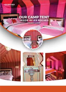 a collage of pictures of a room with a bed and a mirror at Les Roches Desert Camp in Merzouga