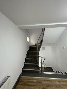un escalier dans un bâtiment avec des marches noires et des murs blancs dans l'établissement Casa valea gilortului, à Rânca
