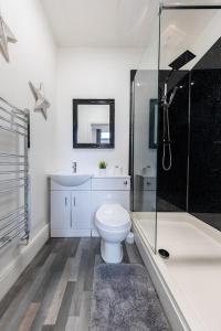 uma casa de banho com um WC, um lavatório e um chuveiro em Megs Island Guest House em Cleethorpes