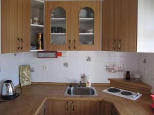 eine Küche mit Holzschränken und einem Waschbecken in der Unterkunft Chalupa Ohře in Libochovice