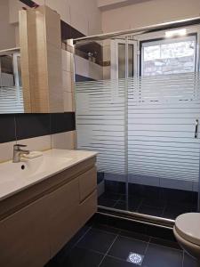 La salle de bains est pourvue d'un lavabo, de toilettes et d'une fenêtre. dans l'établissement Villa Mira, à Ballaban