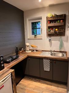 a kitchen with a sink and a counter at Gîte La Petite Francorchamps Ardennaise in Stavelot