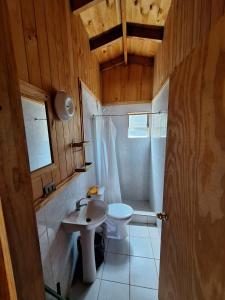 ein Badezimmer mit einem weißen WC und einem Waschbecken in der Unterkunft Cabañas el Temucano - Licanray in Licán Ray