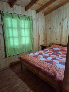 ein Schlafzimmer mit einem Bett und einem grünen Vorhang in der Unterkunft Cabañas el Temucano - Licanray in Licán Ray