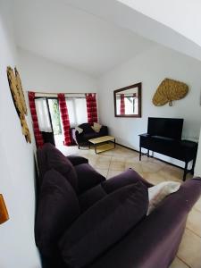 Una sala de estar con un sofá y un piano. en Villa Violetta, en Punta del Este