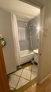 a bathroom with a shower and a tub and a sink at Skogstad Ferie og fritid in Tromsø