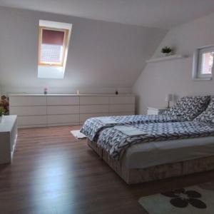 um quarto com 2 camas e uma janela em Anno Apartman ll. em Balatonföldvár