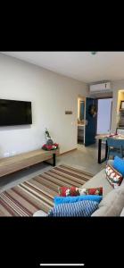 uma sala de estar com um sofá e uma televisão de ecrã plano em Apartamento no centro com lazer! em Pirenópolis