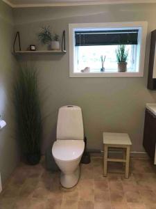a bathroom with a toilet and a window with plants at Haukland Beach House in Leknes