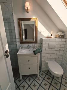 uma casa de banho com um lavatório e um espelho em Elisoria Superiors em Cserszegtomaj