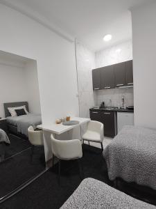 Apartman Centar Ivanjica في إيفانييتسا: غرفة مع طاولة وكراسي ومطبخ