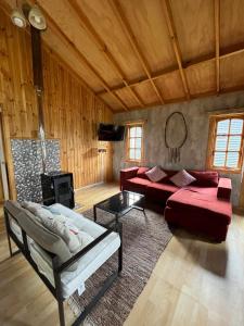 Cabañas Quilquico في Quilquico: غرفة معيشة مع أريكة حمراء ومدفأة