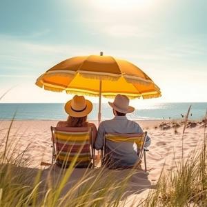 ein Paar, das unter einem Sonnenschirm am Strand auf Stühlen sitzt in der Unterkunft GranAlacantHoliday mit traumhaften Meerblick und grossem Pool in Gran Alacant