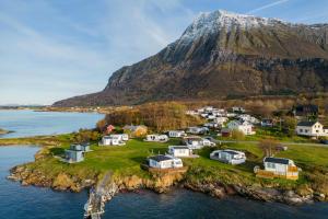 wyspa w wodzie z górą w tle w obiekcie Cool cabins Sandhornøy w mieście Lekanger