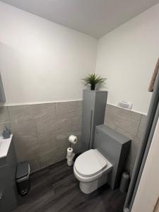 a bathroom with a toilet and a plant on the wall at Pine cottage with private hot tub in Upper Hulme