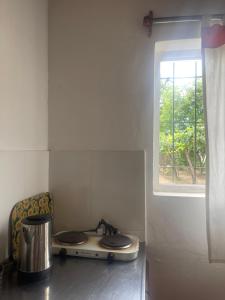 a kitchen counter with a stove and a window at PULAKI Cabañas en Animana in Animaná