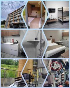 a collage of photos of a kitchen and a house at Crystal Wood Apartment 213 in Bakuriani