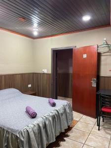 Un dormitorio con una cama con almohadas moradas. en Residencial Arcoiris en Puerto Iguazú