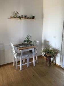 una mesa y sillas en una habitación con plantas en Casa betulla, en Castion Veronese