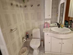 a white bathroom with a toilet and a sink at Agroturystyka Gramburg in Zblewo