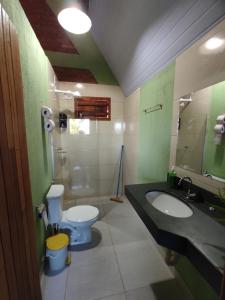 La salle de bains est pourvue d'un lavabo, de toilettes et d'un miroir. dans l'établissement Pousada do Chicó, à São Roque de Minas