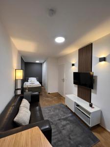 a living room with a couch and a tv and a bed at Medienhafen Apartment direkt am Zentrum in Düsseldorf