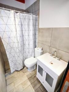 een badkamer met een toilet, een wastafel en een douche bij Cedro Azul in La Cumbre