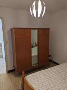 1 dormitorio con armario de madera y espejo en Pin parasol en Marmande