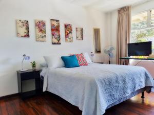 a bedroom with a bed and a tv on the wall at Casa Jardin del Mango in San José