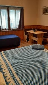 ein Wohnzimmer mit einem Tisch, einem Bett und einem Teppich in der Unterkunft Guest House Vila Frýdštejn in Frýdštejn