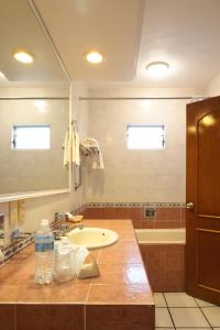 uma casa de banho com um lavatório, um espelho e uma banheira em María Isabel Colima em Colima