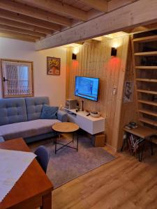 a living room with a couch and a tv at Domek rekreacyjny U Marcina in Kwidzyn