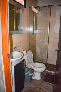 a bathroom with a toilet and a sink and a shower at Hotel Shaddai in Villavieja