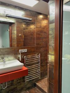 a bathroom with a sink and a mirror at Apartament w centrum Brzeska in Brzesko