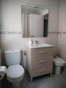 a bathroom with a toilet and a sink and a mirror at Apartamento Medina cerca de la Ribera in Córdoba